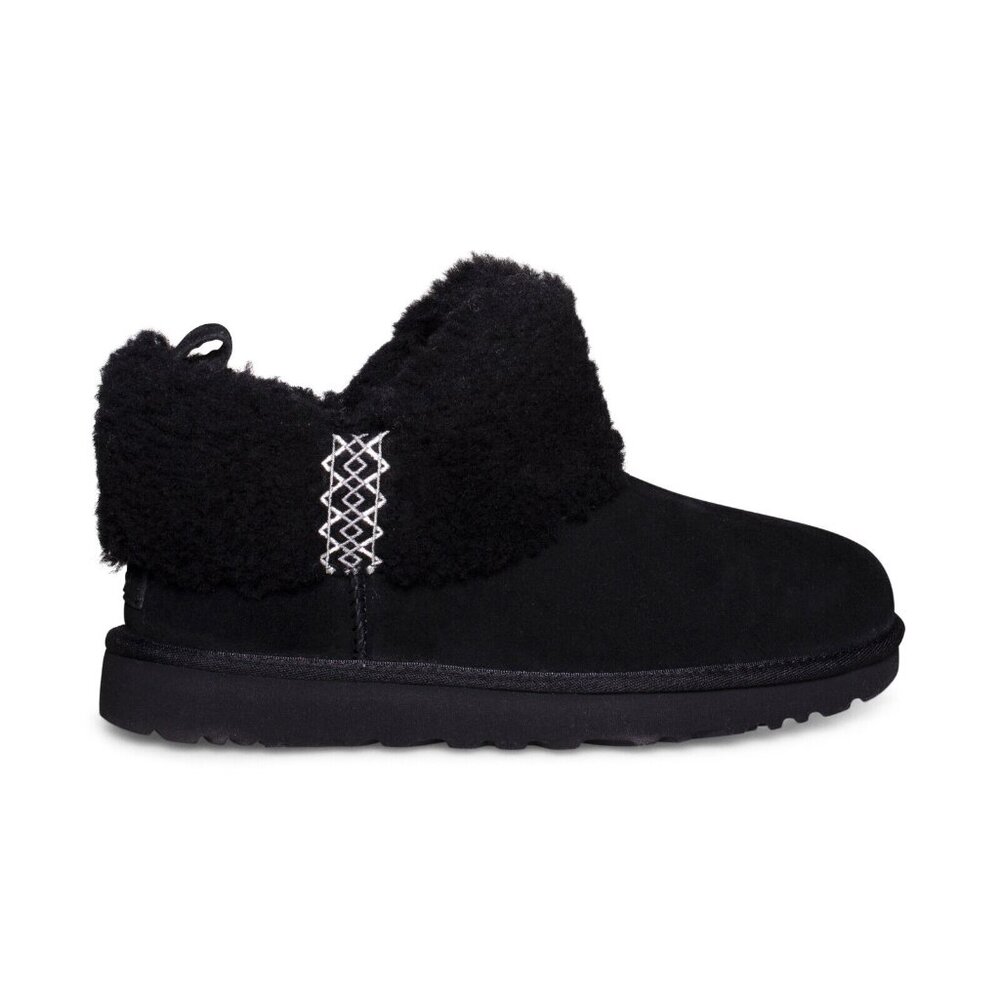 NIB UGG WOMEN'S ULTRA‎ MINI SUEDE SHEARLING BRAID ACCENT ANKLE BOOTS BLACK